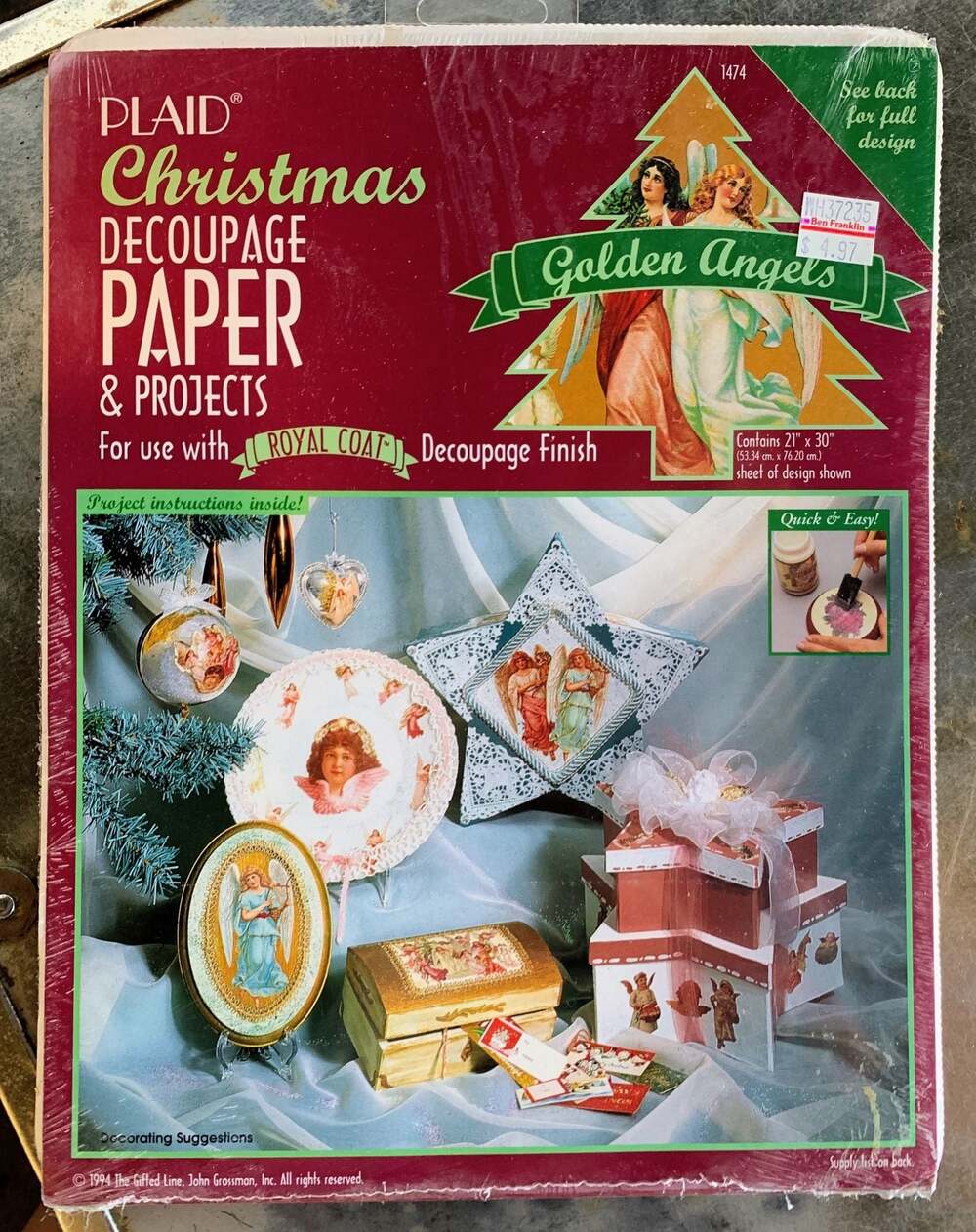 Vintage 1994 Plaid Christmas Decoupage Paper & Projects - Golden Angels, 21" x 3